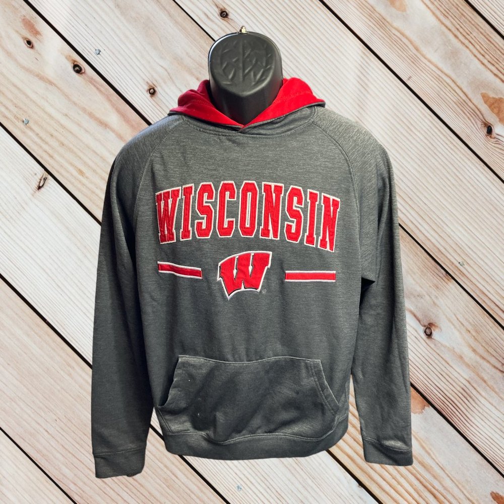 Colosseum Unisex Wisconsin Badgers Gray/Red Hoodie Sweatshirt Adult Small-VG